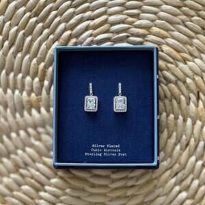 Silver Plated Halo Emerald-Cut Cubic Zirconia Drop Earrings